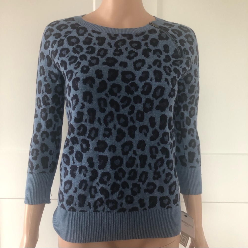 Liz Claiborne Blue Black Leopard Cheetah Print Soft 3/4 Sleeves Zip Sweater PS